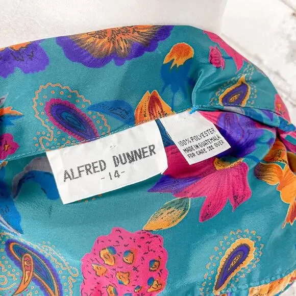 Vintage 80s Alfred Dunner Teal Pink Orange Floral Tie Neck Button Down Top 14 - Picture 5 of 9
